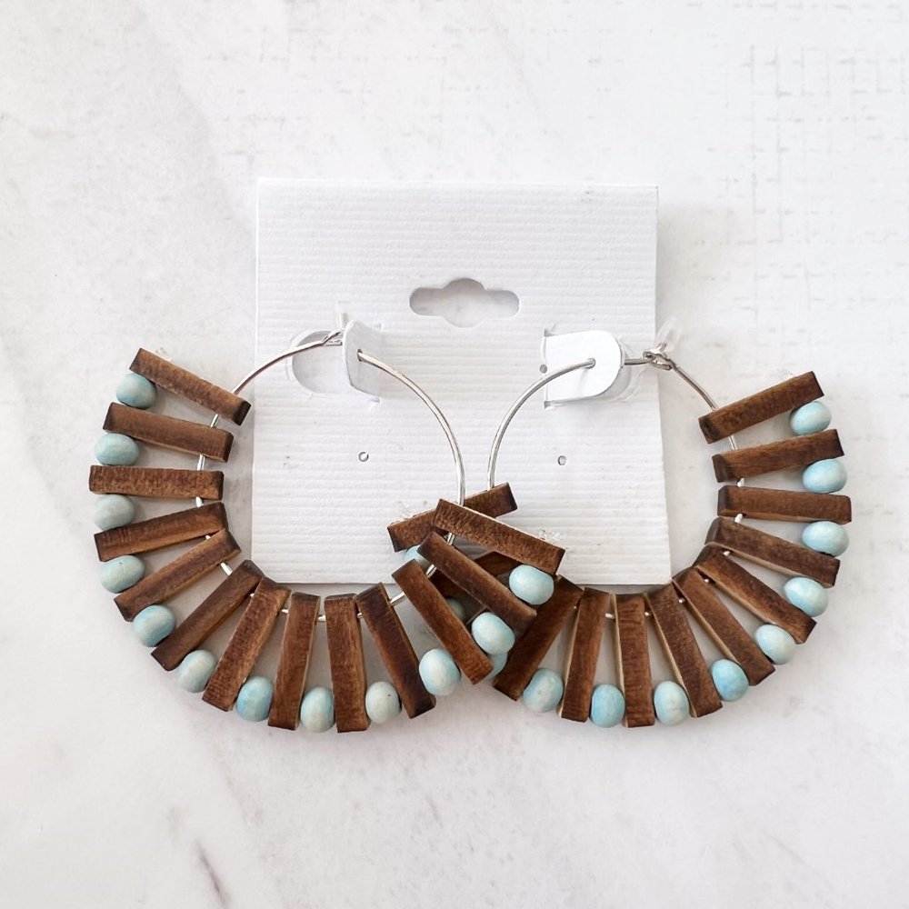 Anthropologie Wooden Fan Hoop Earrings